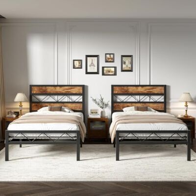 VECELO Cadre de Lit 90 x 190cm, avec Tête en Bois, Sommier Plateforme en Métal, avec Support à Lattes Solides et Espace de Rangement, Assemblage Facile, Marron Rustique - Publicité VECELO Cadre de Lit 90 x 190cm, avec Tête en Bois, Sommier Plateforme en Métal, avec Support à Lattes Solides et Espace de Rangement, Assemblage Facile, Marron Rustique - Publicité