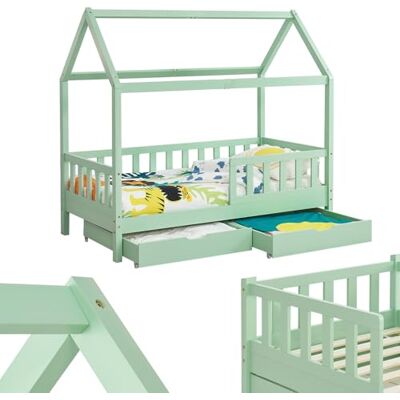 Juskys Lit cabane Enfant Marli 90x200 cm avec 2 tiroirs, Protection antichute, sommier à Lattes et Toit, Lit Maison Montessori en Bois Massif, Menthe - Publicité Juskys Lit cabane Enfant Marli 90x200 cm avec 2 tiroirs, Protection antichute, sommier à Lattes et Toit, Lit Maison Montessori en Bois Massif, Menthe - Publicité