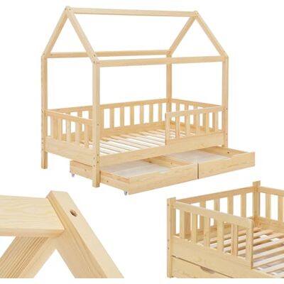 Juskys Lit cabane Enfant Marli 80x160 cm avec 2 tiroirs, Protection antichute, sommier à Lattes et Toit, Lit Maison Montessori en Bois Massif, Nature - Publicité Juskys Lit cabane Enfant Marli 80x160 cm avec 2 tiroirs, Protection antichute, sommier à Lattes et Toit, Lit Maison Montessori en Bois Massif, Nature - Publicité