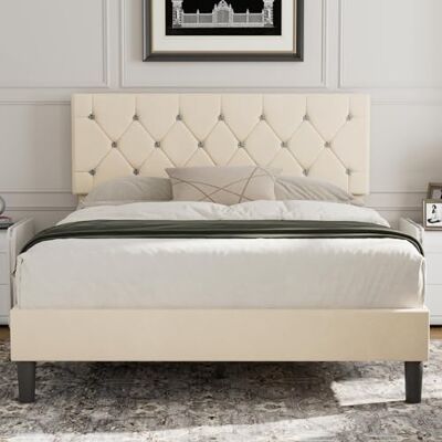 VECELO Double Rembourré 140x190 cm, Tête de Lit Réglable, Support à Lattes en Bois Solide, Tissu en Velours, Facile à Assembler, sans Bruit, Pas Besoin de Sommier, Beige - Publicité VECELO Double Rembourré 140x190 cm, Tête de Lit Réglable, Support à Lattes en Bois Solide, Tissu en Velours, Facile à Assembler, sans Bruit, Pas Besoin de Sommier, Beige - Publicité