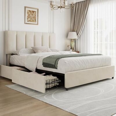 VECELO Lit Double Rembourré 140 x 190 cm avec 4 Tiroirs et, Tissu Velours, Support à Lattes en Bois Solide, Tête de Lit Réglable en Hauteur, Facile à Assembler, Beige - Publicité VECELO Lit Double Rembourré 140 x 190 cm avec 4 Tiroirs et, Tissu Velours, Support à Lattes en Bois Solide, Tête de Lit Réglable en Hauteur, Facile à Assembler, Beige - Publicité