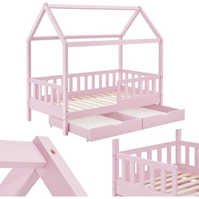 Juskys Lit cabane Enfant Marli 80x160 cm avec 2 tiroirs, Protection antichute, sommier à Lattes et Toit, Lit Maison Montessori en Bois Massif, Rose - Publicité Juskys Lit cabane Enfant Marli 80x160 cm avec 2 tiroirs, Protection antichute, sommier à Lattes et Toit, Lit Maison Montessori en Bois Massif, Rose - Publicité