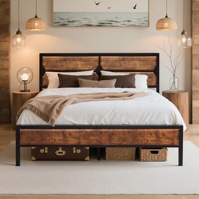 VECELO Lit Double 140 x 200 cm avec tête de lit en Bois, Cadre de lit en métal avec sommier à Lattes, Parfait pour Chambre à Coucher, Grand Espace de Rangement sous Le lit, Marron Vintage - Publicité VECELO Lit Double 140 x 200 cm avec tête de lit en Bois, Cadre de lit en métal avec sommier à Lattes, Parfait pour Chambre à Coucher, Grand Espace de Rangement sous Le lit, Marron Vintage - Publicité