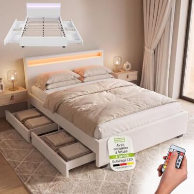 Juskys Lit rembourré Lyon 140x200 cm avec Coffre, LED, sommier à Lattes et tête de lit, Simili Cuir, Cadre de lit pour Adulte et ado, 1 Personne, Blanc - Publicité Juskys Lit rembourré Lyon 140x200 cm avec Coffre, LED, sommier à Lattes et tête de lit, Simili Cuir, Cadre de lit pour Adulte et ado, 1 Personne, Blanc - Publicité