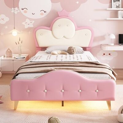 BTM Lit Simple Rembourré 90x200, Lit Enfant 90x200cm avec Éclairage LED et avec Sommier à Lattes, pour Fille, Motif à Pois, PU, Blanc et Rose (sans Matelas) - Publicité BTM Lit Simple Rembourré 90x200, Lit Enfant 90x200cm avec Éclairage LED et avec Sommier à Lattes, pour Fille, Motif à Pois, PU, Blanc et Rose (sans Matelas) - Publicité