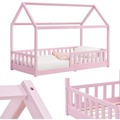 Juskys Lit cabane Enfant Marli 90x200 cm avec Protection antichute, sommier à Lattes et Toit, Lit Maison Montessori en Bois Massif, Rose - Publicité Juskys Lit cabane Enfant Marli 90x200 cm avec Protection antichute, sommier à Lattes et Toit, Lit Maison Montessori en Bois Massif, Rose - Publicité