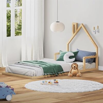 IDIMEX Lit Enfant ELOA au Sol 90x200 cm de Type Montessori, tête de lit en Forme de Maison, en Bois Massif Naturel - Publicité IDIMEX Lit Enfant ELOA au Sol 90x200 cm de Type Montessori, tête de lit en Forme de Maison, en Bois Massif Naturel - Publicité