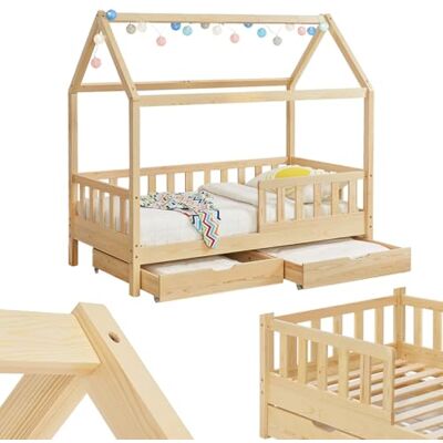 Juskys Lit cabane Enfant Marli 90x200 cm avec 2 tiroirs, Protection antichute, sommier à Lattes et Toit, Lit Maison Montessori en Bois Massif, Nature - Publicité Juskys Lit cabane Enfant Marli 90x200 cm avec 2 tiroirs, Protection antichute, sommier à Lattes et Toit, Lit Maison Montessori en Bois Massif, Nature - Publicité