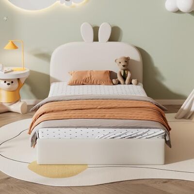 BTM Lit capitonné à tête de Lapin, Lit d'enfant avec battants en Bois, Simple, Velours, Beige, 90x200cm - Publicité BTM Lit capitonné à tête de Lapin, Lit d'enfant avec battants en Bois, Simple, Velours, Beige, 90x200cm - Publicité