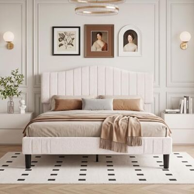 VECELO Lit Double Rembourré 140x190 cm, Tissu Teddy Chaud avec Tête de Lit Réglable, Support à Lattes en Bois Solide, Moderne, sans Bruit, Beige - Publicité VECELO Lit Double Rembourré 140x190 cm, Tissu Teddy Chaud avec Tête de Lit Réglable, Support à Lattes en Bois Solide, Moderne, sans Bruit, Beige - Publicité