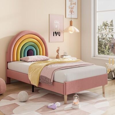 BTM Lit Enfant 90x200 avec Sommier à Lattes, Lit Capitonné Plateforme avec Tête de Lit Réglable en Hauteur, Design Arc-en-Ciel, pour Fille, Velours, Rose (sans Matelas) - Publicité BTM Lit Enfant 90x200 avec Sommier à Lattes, Lit Capitonné Plateforme avec Tête de Lit Réglable en Hauteur, Design Arc-en-Ciel, pour Fille, Velours, Rose (sans Matelas) - Publicité