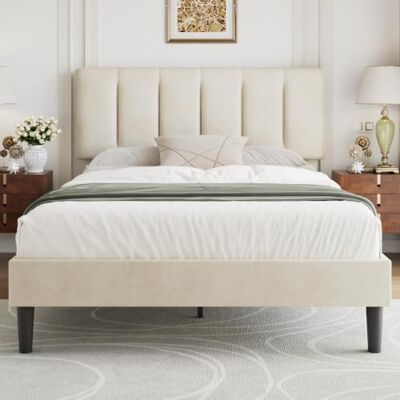 VECELO Lit Double 140×190cm Rembourré en Velours, Tête de Lit avec Remplissage d'Éponge Confortable et Réglable en Hauteur, Cadre Plateforme, Sommier à Lattes en Bois Solide, Assemblage Facile, Beige - Publicité VECELO Lit Double 140×190cm Rembourré en Velours, Tête de Lit avec Remplissage d'Éponge Confortable et Réglable en Hauteur, Cadre Plateforme, Sommier à Lattes en Bois Solide, Assemblage Facile, Beige - Publicité