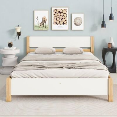 BTM Lit Double en Bois, Cadre en pin, Pied Central, ado, Adulte, tête et Pied en MDF, Blanc+Naturel, 140x200cm - Publicité BTM Lit Double en Bois, Cadre en pin, Pied Central, ado, Adulte, tête et Pied en MDF, Blanc+Naturel, 140x200cm - Publicité