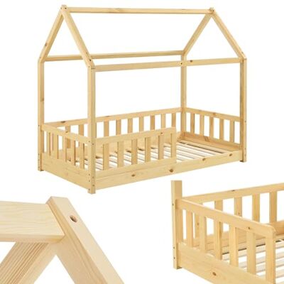 Juskys Lit cabane Enfant Marli 80x160 cm avec Protection antichute, sommier à Lattes et Toit, Lit Maison Montessori en Bois Massif, Nature - Publicité Juskys Lit cabane Enfant Marli 80x160 cm avec Protection antichute, sommier à Lattes et Toit, Lit Maison Montessori en Bois Massif, Nature - Publicité