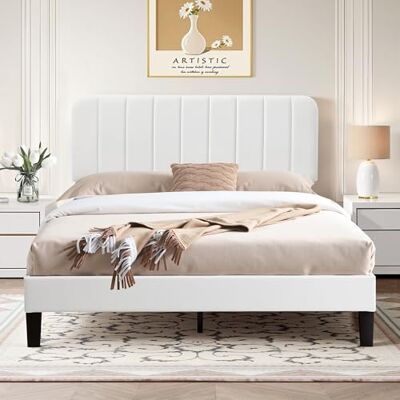 VECELO Lit Double Rembourré 140x190 cm, Tête de Lit Réglable, Support à Lattes en Bois Solide, Tissu Velours, Facile à Assembler, Blanc - Publicité VECELO Lit Double Rembourré 140x190 cm, Tête de Lit Réglable, Support à Lattes en Bois Solide, Tissu Velours, Facile à Assembler, Blanc - Publicité
