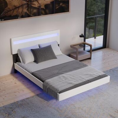 Juskys Lit Flottant Lissabon 140x200 cm avec LED, sommier à Lattes & Dossier Lit rembourré en Simili Cuir & Bois Blanc - Publicité Juskys Lit Flottant Lissabon 140x200 cm avec LED, sommier à Lattes & Dossier Lit rembourré en Simili Cuir & Bois Blanc - Publicité