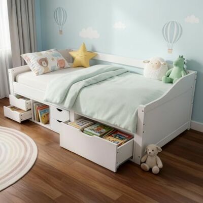 Juskys Lit Enfant Nalu 90x200 avec Tiroirs et Sommier á Lattes, Lit Simple en Bois pin Massif avec Rangement pour Fille et Garcon, Blanc - Publicité Juskys Lit Enfant Nalu 90x200 avec Tiroirs et Sommier á Lattes, Lit Simple en Bois pin Massif avec Rangement pour Fille et Garcon, Blanc - Publicité