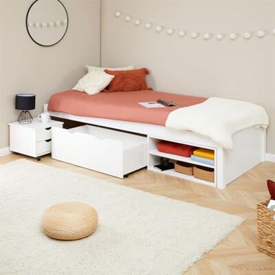 IDIMEX Lit Fonctionnel Sabrina lit Simple 90x190 cm pour Enfant ou Adulte, avec 1 Table de Chevet sur roulettes, 1 Grand tiroir et 2 étagères, en pin Massif lasuré Blanc - Publicité IDIMEX Lit Fonctionnel Sabrina lit Simple 90x190 cm pour Enfant ou Adulte, avec 1 Table de Chevet sur roulettes, 1 Grand tiroir et 2 étagères, en pin Massif lasuré Blanc - Publicité