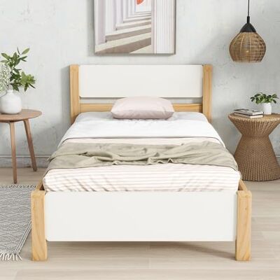 BTM Lit Simple en Bois, Cadre en pin, Pied Central, ado, Adulte, tête et Pied en MDF, Blanc+Naturel, 90x200cm - Publicité BTM Lit Simple en Bois, Cadre en pin, Pied Central, ado, Adulte, tête et Pied en MDF, Blanc+Naturel, 90x200cm - Publicité