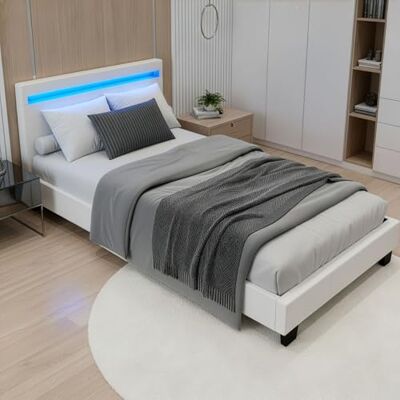 Juskys Lit rembourré Paris 90x200 cm avec sommier à Lattes, éclairage LED et tête de lit, revêtement en Similicuir, Cadre de lit pour Adulte et ado, 1 Personne, Blanc - Publicité Juskys Lit rembourré Paris 90x200 cm avec sommier à Lattes, éclairage LED et tête de lit, revêtement en Similicuir, Cadre de lit pour Adulte et ado, 1 Personne, Blanc - Publicité