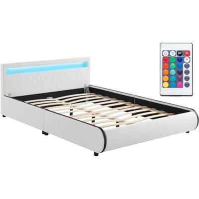 Juskys Lit rembourré Sevilla 140x200 cm avec LED, sommier à Lattes & tête de lit, Similicuir, 16 réglages de Couleur & télécommande, Cadre de lit pour Adulte et ado, 1 Personne, Blanc - Publicité Juskys Lit rembourré Sevilla 140x200 cm avec LED, sommier à Lattes & tête de lit, Similicuir, 16 réglages de Couleur & télécommande, Cadre de lit pour Adulte et ado, 1 Personne, Blanc - Publicité