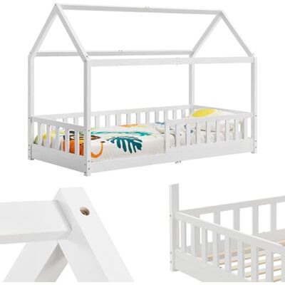 Lit pour enfants Juskys Marli 90x200 cm avec barrières, sommier & toit - Lit pour enfants - Publicité Lit pour enfants Juskys Marli 90x200 cm avec barrières, sommier & toit - Lit pour enfants - Publicité