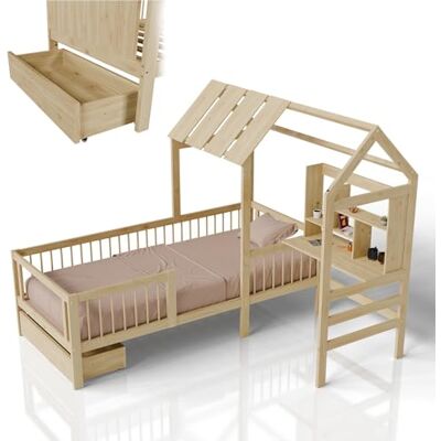 Juskys Lit Enfant Yari 90x200 cm – lit Simple avec Bureau et tiroir, en Bois de pin et matériaux durables, Design ludique en Forme de maisonnette – Naturel - Publicité Juskys Lit Enfant Yari 90x200 cm – lit Simple avec Bureau et tiroir, en Bois de pin et matériaux durables, Design ludique en Forme de maisonnette – Naturel - Publicité