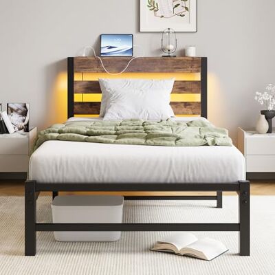 BTM Lit Simple Métal 90x200 cm, LED Prises USB Rangement sous Lit, Cadre Métallique sans Matelas - Publicité BTM Lit Simple Métal 90x200 cm, LED Prises USB Rangement sous Lit, Cadre Métallique sans Matelas - Publicité