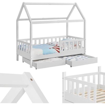 Juskys Lit cabane Enfant Marli 90x200 cm avec 2 tiroirs, Protection antichute, sommier à Lattes et Toit, Lit Maison Montessori en Bois Massif, Blanc - Publicité Juskys Lit cabane Enfant Marli 90x200 cm avec 2 tiroirs, Protection antichute, sommier à Lattes et Toit, Lit Maison Montessori en Bois Massif, Blanc - Publicité