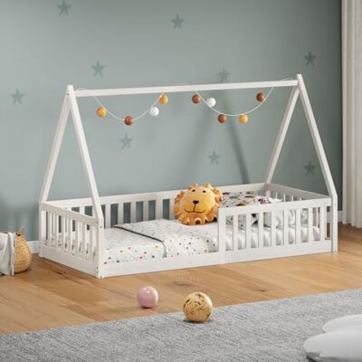 IDIMEX Lit Cabane 90x190 Nicolas Lit Enfant en Pin Massif, Lit Montessori avec Barrières, Couchage 90x190 cm, Blanc - Publicité IDIMEX Lit Cabane 90x190 Nicolas Lit Enfant en Pin Massif, Lit Montessori avec Barrières, Couchage 90x190 cm, Blanc - Publicité