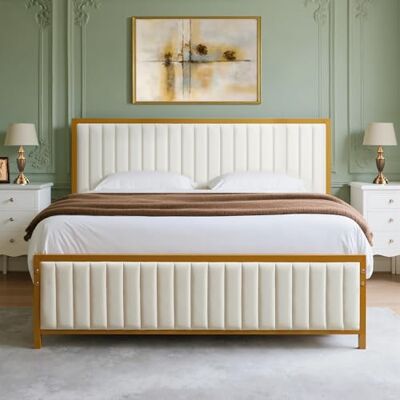 VECELO Cadre de lit 140 x 200 cm, lit Double en métal avec tête et Pied de lit rembourrés, Cadre de lit avec sommier à Lattes, Hauteur sous Le lit, Pas de sommier tapissier nécessaire, Beige - Publicité VECELO Cadre de lit 140 x 200 cm, lit Double en métal avec tête et Pied de lit rembourrés, Cadre de lit avec sommier à Lattes, Hauteur sous Le lit, Pas de sommier tapissier nécessaire, Beige - Publicité