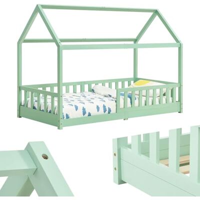 Juskys Lit cabane Enfant Marli 90x200 cm avec Protection antichute, sommier à Lattes et Toit, Lit Maison Montessori en Bois Massif, Menthe - Publicité Juskys Lit cabane Enfant Marli 90x200 cm avec Protection antichute, sommier à Lattes et Toit, Lit Maison Montessori en Bois Massif, Menthe - Publicité