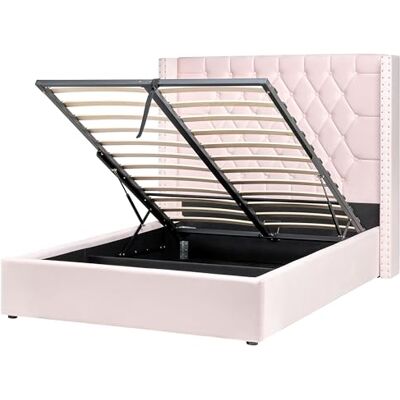 Beliani Lit avec Rangement 140 x 200 cm en Velours Rose Tête de Lit Capitonnée Glam Lubbon - Publicité Beliani Lit avec Rangement 140 x 200 cm en Velours Rose Tête de Lit Capitonnée Glam Lubbon - Publicité