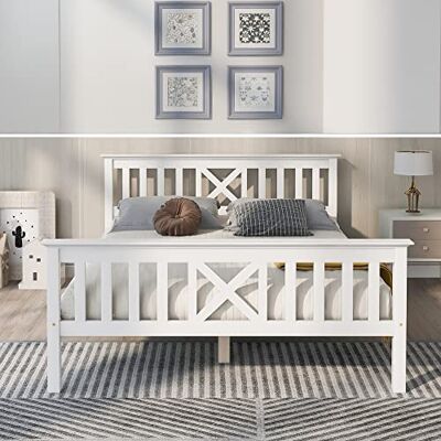 BTM Lit en Bois, Double, Cadre avec sommier à Lattes, tête de lit 140x200cm, Bois Massif de pin, Enfant, ado, Blanc - Publicité BTM Lit en Bois, Double, Cadre avec sommier à Lattes, tête de lit 140x200cm, Bois Massif de pin, Enfant, ado, Blanc - Publicité