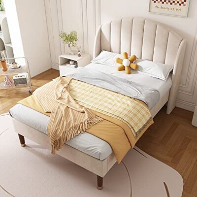 BTM Lit Capitonné 90x200 cm, Lit Simple Enfant avec Sommier à Lattes en Bois, Motif à Rayée, en Velours pour Adolescent, Beige (sans Matelas) - Publicité BTM Lit Capitonné 90x200 cm, Lit Simple Enfant avec Sommier à Lattes en Bois, Motif à Rayée, en Velours pour Adolescent, Beige (sans Matelas) - Publicité
