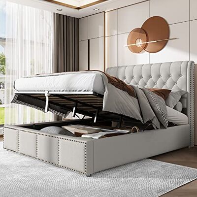 BTM Lit Capitonné 140x190 cm avec Rangement, Lit Coffre 140x190 2 Personnes avec Sommier à Lattes, pour Adultes, Garniture Cloutée, Coton et Lin, Gris Clair (sans Matelas) - Publicité BTM Lit Capitonné 140x190 cm avec Rangement, Lit Coffre 140x190 2 Personnes avec Sommier à Lattes, pour Adultes, Garniture Cloutée, Coton et Lin, Gris Clair (sans Matelas) - Publicité