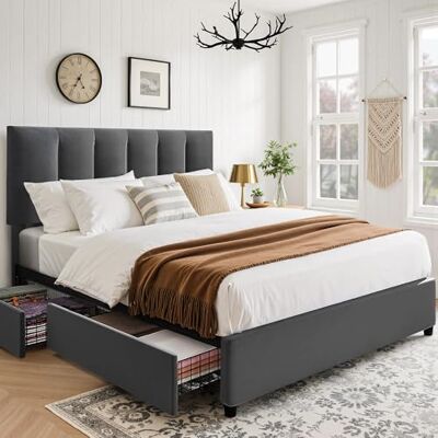 VECELO Lit Double 140 x 190 cm avec 4 Tiroirs de Rangement, Sommier à Lattes en Bois, Tête de Lit Réglable, Revêtement en Velours, Structure Silencieuse, Montage Facile, Gris - Publicité VECELO Lit Double 140 x 190 cm avec 4 Tiroirs de Rangement, Sommier à Lattes en Bois, Tête de Lit Réglable, Revêtement en Velours, Structure Silencieuse, Montage Facile, Gris - Publicité