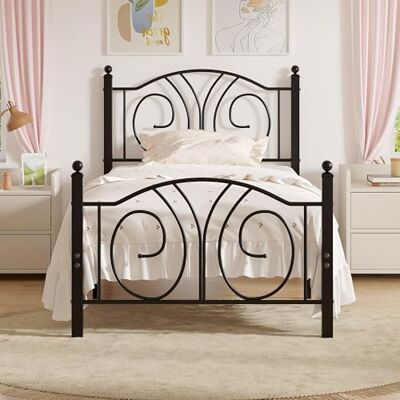 VECELO Cadre de lit 90 x 200 cm en métal Vintage avec tête de lit Haute et Motif pétale et sommier à Lattes pour Chambre à Coucher, Chambre d'amis, 32 cm de Hauteur sous Le lit Noir - Publicité VECELO Cadre de lit 90 x 200 cm en métal Vintage avec tête de lit Haute et Motif pétale et sommier à Lattes pour Chambre à Coucher, Chambre d'amis, 32 cm de Hauteur sous Le lit Noir - Publicité