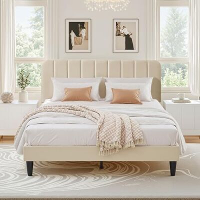 VECELO Lit Double Rembourré 140x190 cm, Support à Lattes en Bois Solide, Tissu Velours, Facile à Assembler, Beige - Publicité VECELO Lit Double Rembourré 140x190 cm, Support à Lattes en Bois Solide, Tissu Velours, Facile à Assembler, Beige - Publicité