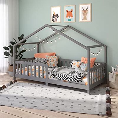 IDIMEX Lit cabane Enfant 90x200 cm LISAN lit Simple Montessori avec Barrières de Protection en Bois Massif lasuré Gris - Publicité IDIMEX Lit cabane Enfant 90x200 cm LISAN lit Simple Montessori avec Barrières de Protection en Bois Massif lasuré Gris - Publicité