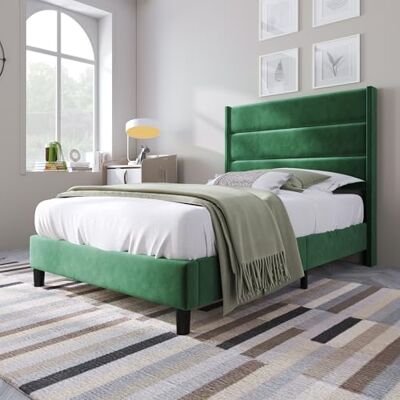 BTM Lit Simple Capitonnage 90x200 cm, Latteau Tête Lit Velours Vert Foncé, Design Moderne Ado - Publicité BTM Lit Simple Capitonnage 90x200 cm, Latteau Tête Lit Velours Vert Foncé, Design Moderne Ado - Publicité