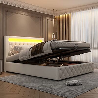 BTM Lit Double Capitonné 160x200 avec Rangement et Éclairage LED, Lit Coffre 160x200 avec Sommier à Lattes, pour 2 Personns Adultes, PU, Blanc (sans Matelas) - Publicité BTM Lit Double Capitonné 160x200 avec Rangement et Éclairage LED, Lit Coffre 160x200 avec Sommier à Lattes, pour 2 Personns Adultes, PU, Blanc (sans Matelas) - Publicité