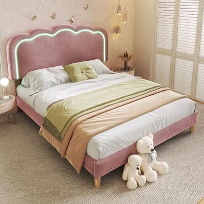 BTM Lit à Coussin LED Double 140 x 200 cm, Cadre de lit avec sommier à Lattes et Dossier réglable, Rose, ado pour Chambre à Coucher et Chambre d'amis Velours - Publicité BTM Lit à Coussin LED Double 140 x 200 cm, Cadre de lit avec sommier à Lattes et Dossier réglable, Rose, ado pour Chambre à Coucher et Chambre d'amis Velours - Publicité