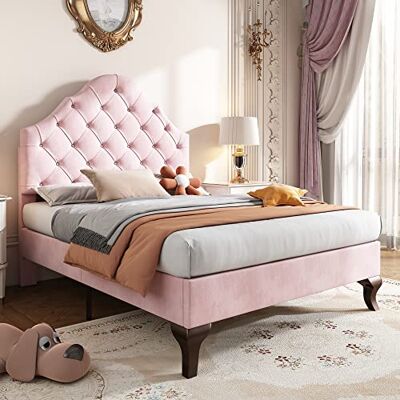BTM Lit Enfant 90x200 avec Sommier à Lattes, Lit Capitonné avec Tête de Lit Réglable en Hauteur, pour Fille, Conception du Point de Traction du Bouton, en Velours, Rose (sans Matelas) - Publicité BTM Lit Enfant 90x200 avec Sommier à Lattes, Lit Capitonné avec Tête de Lit Réglable en Hauteur, pour Fille, Conception du Point de Traction du Bouton, en Velours, Rose (sans Matelas) - Publicité