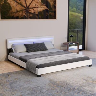 Juskys Lit rembourré Paris 180x200 cm avec éclairage LED, sommier à Lattes et tête de lit, Simili Cuir, Cadre de lit pour Adulte et ado, 2 Personnes, Blanc - Publicité Juskys Lit rembourré Paris 180x200 cm avec éclairage LED, sommier à Lattes et tête de lit, Simili Cuir, Cadre de lit pour Adulte et ado, 2 Personnes, Blanc - Publicité