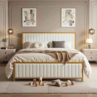 VECELO Cadre de lit 140 x 200 cm, lit double en métal, avec tête et pied de lit rembourrés, cadre de lit avec sommier à lattes, hauteur de 32 cm sous le lit, pas de sommier tapissier nécessaire, beige - Publicité VECELO Cadre de lit 140 x 200 cm, lit double en métal, avec tête et pied de lit rembourrés, cadre de lit avec sommier à lattes, hauteur de 32 cm sous le lit, pas de sommier tapissier nécessaire, beige - Publicité