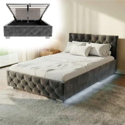 Juskys lit rembourré Nizza 120x200 cm avec sommier à Lattes, Coffre et éclairage LED, Cadre de lit avec Housse en Velours et surpiqûre Chesterfield, Gris - Publicité Juskys lit rembourré Nizza 120x200 cm avec sommier à Lattes, Coffre et éclairage LED, Cadre de lit avec Housse en Velours et surpiqûre Chesterfield, Gris - Publicité