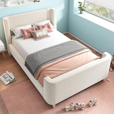BTM Lit Simple Rembourré 90x200cm, Lit Enfant 90x200cm avec Sommier à Lattes, à Motif Cosmique, Conception de Traîneau, en Velours, Beige (sans Matelas) - Publicité BTM Lit Simple Rembourré 90x200cm, Lit Enfant 90x200cm avec Sommier à Lattes, à Motif Cosmique, Conception de Traîneau, en Velours, Beige (sans Matelas) - Publicité