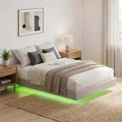 HOMCOM Lit Flottant 160 x 200 cm avec Éclairage LED Intelligent, Beige Cadre de Lit Double Rembourré en Lin, Sommier à Lattes en Bois, Espace de Rangement Au-Dessous, Sans Bruit, Montage Facile - Publicité HOMCOM Lit Flottant 160 x 200 cm avec Éclairage LED Intelligent, Beige Cadre de Lit Double Rembourré en Lin, Sommier à Lattes en Bois, Espace de Rangement Au-Dessous, Sans Bruit, Montage Facile - Publicité