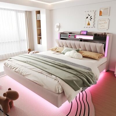 BTM Lit Capitonné 160x200 cm, avec LED, Prise USB, Tête De Lit À Rangement, Lit Suspendu Ados & Adultes, Tissu Laine, Beige - Publicité BTM Lit Capitonné 160x200 cm, avec LED, Prise USB, Tête De Lit À Rangement, Lit Suspendu Ados & Adultes, Tissu Laine, Beige - Publicité